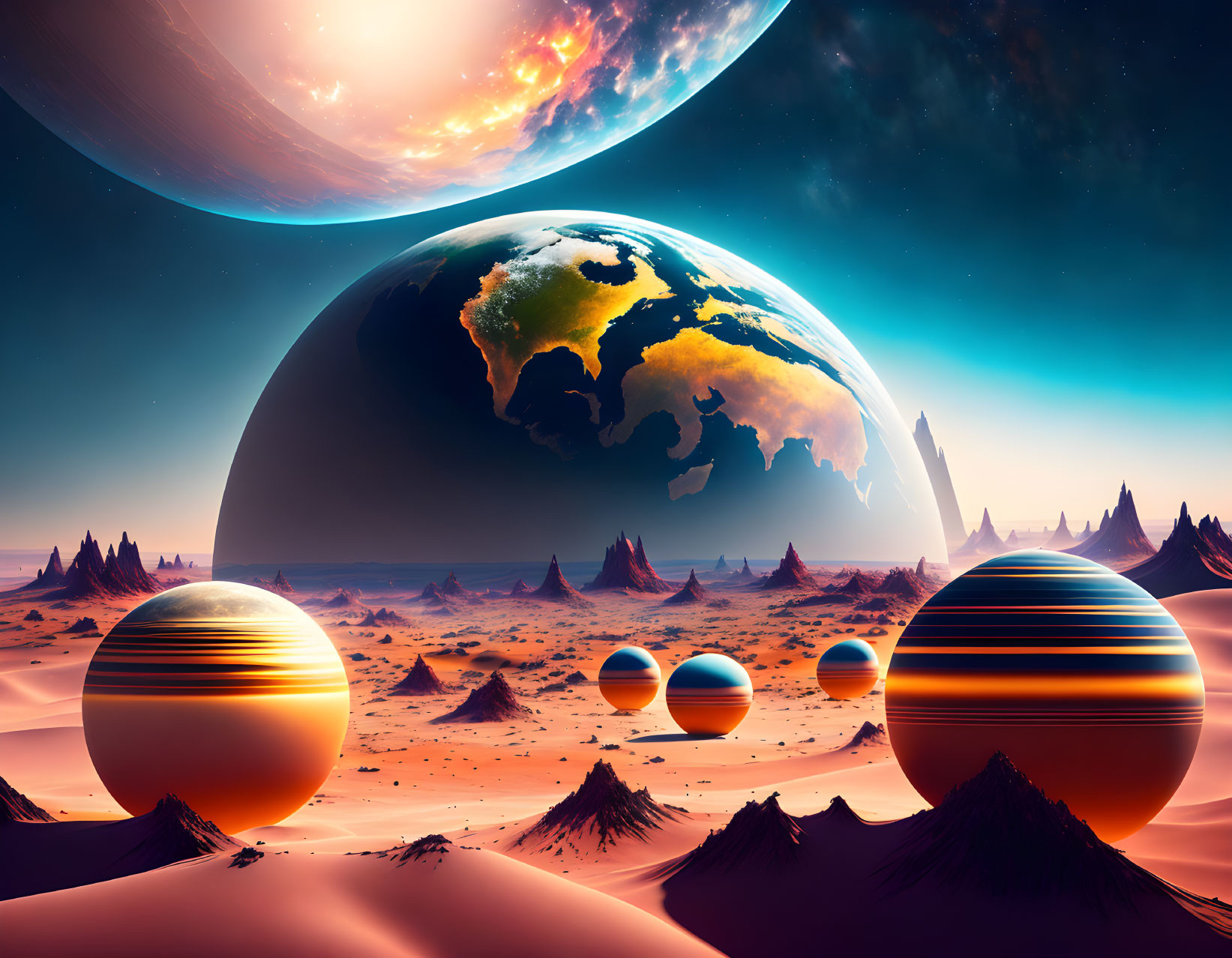 Colorful sci-fi landscape with multiple planets, orange sands, and rocky formations under twilight sky.