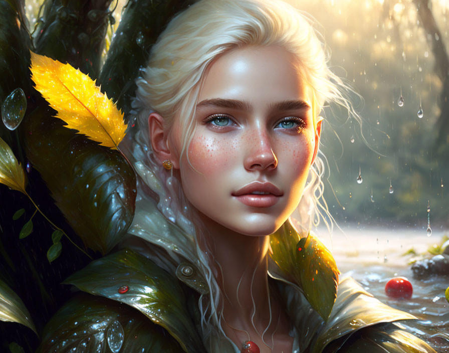 Young woman digital portrait with blonde hair, blue eyes, water droplets, greenery, yellow leaves