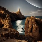 Sandstone towers and turbulent sea under crescent shadow