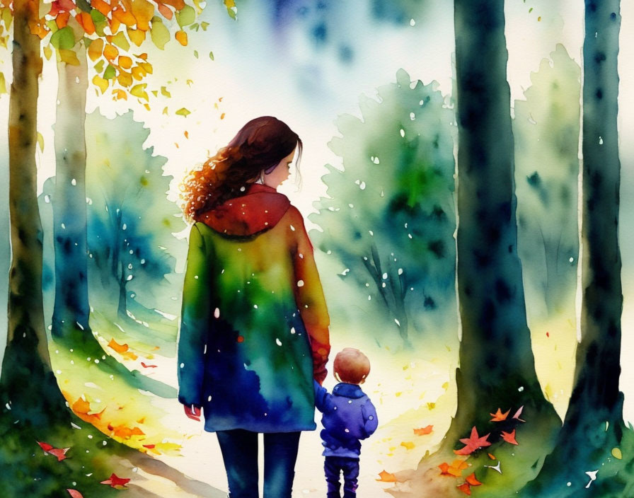 Woman and child walking through vibrant forest path with fallen leaves and sunlight beams