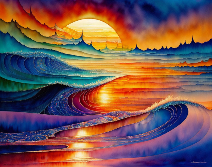 Stylized waves painting with sunset backdrop