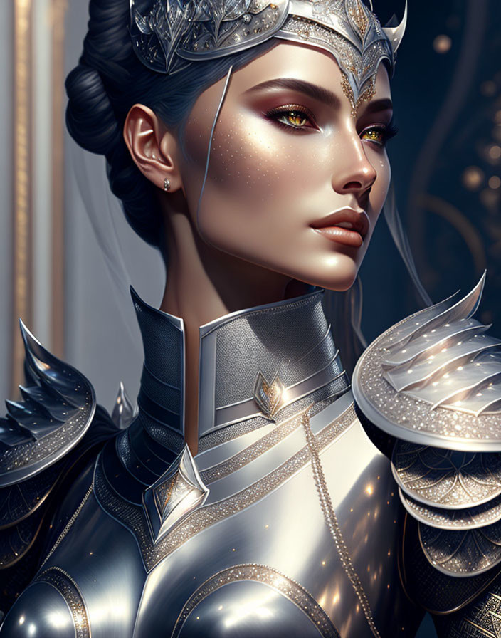 Digital artwork: Woman in stylized medieval armor with intricate designs and regal crown