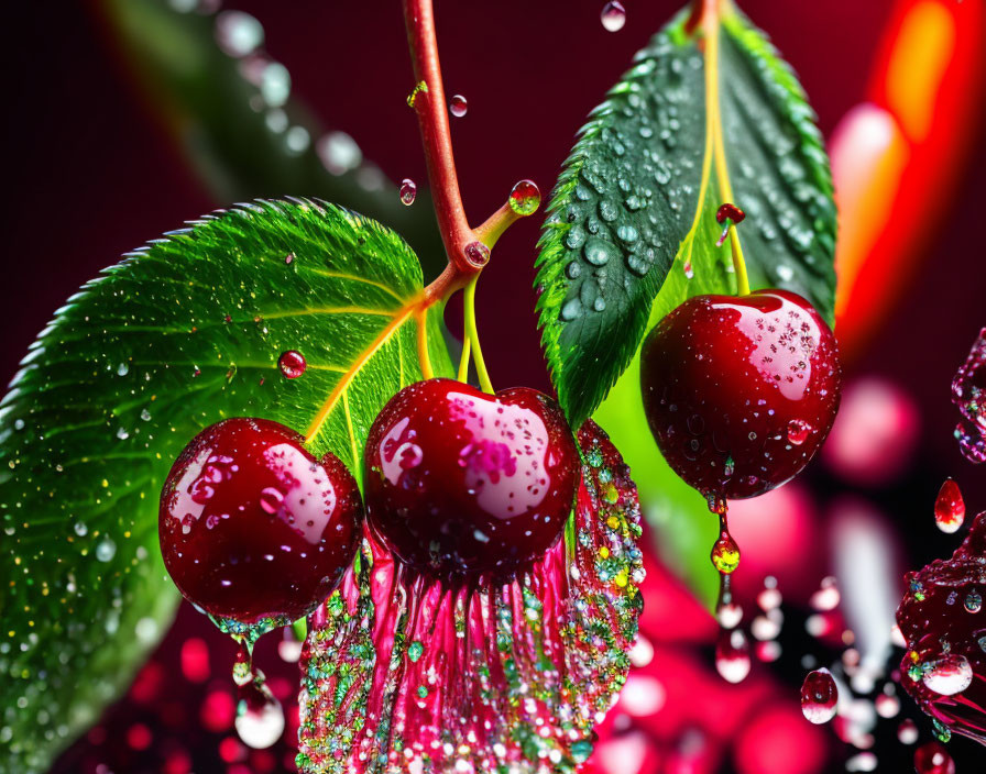 Ripe cherries and water droplets on green leaves with red background