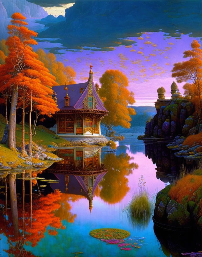 Tranquil autumn landscape with traditional house by calm lake