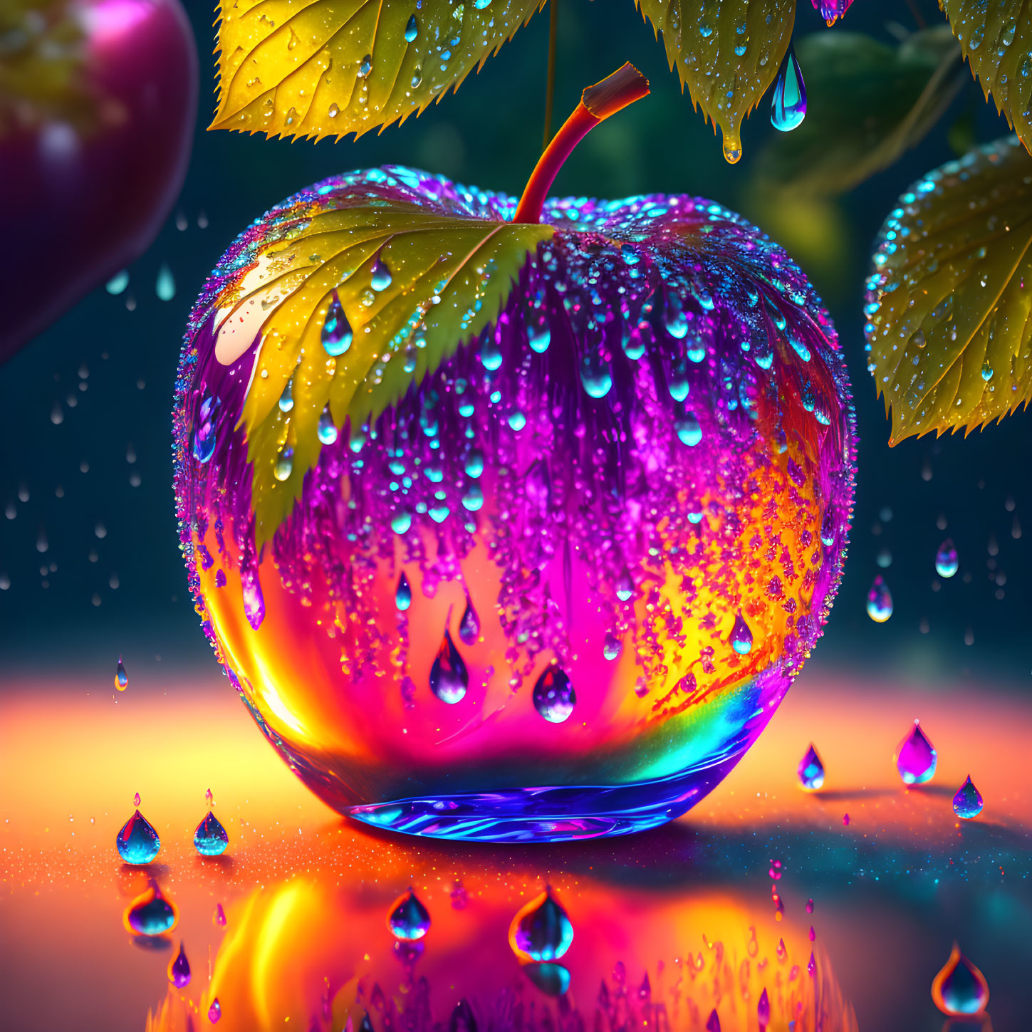 Colorful illustration: Dew-covered apple with neon-lit surroundings