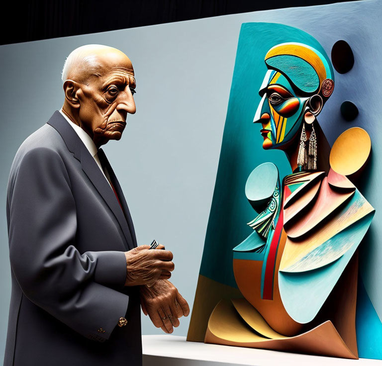 Elderly man in sharp suit next to colorful cubist-style painting