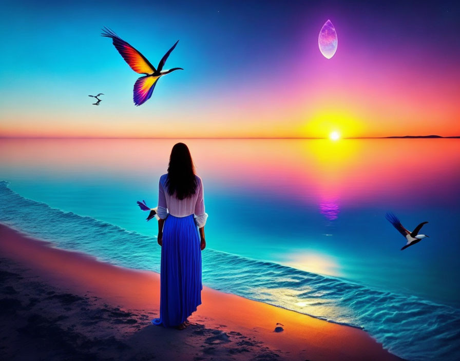 Woman in Blue Dress on Beach at Sunset with Colorful Birds, Vivid Sky, and Large Moon