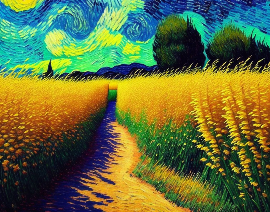 Vibrant painting of swirling blue sky over golden wheat field