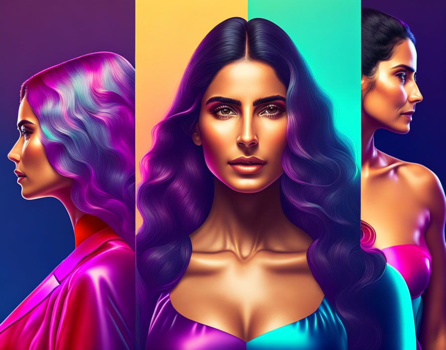 Vivid Colorful Stylized Woman Portraits with Flowing Hair