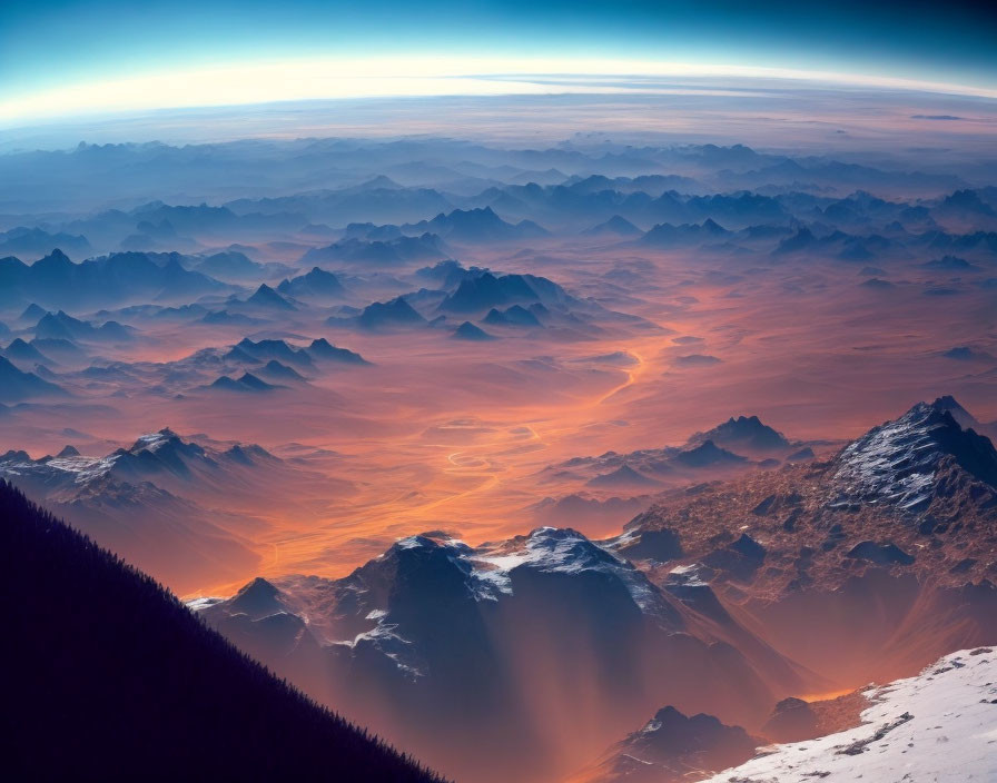 Mountainous landscape transitions from snowy peaks to sandy desert under blue-orange sky.