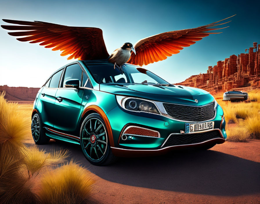 Teal Car with Red-Accented Rims and Bird in Desert Landscape