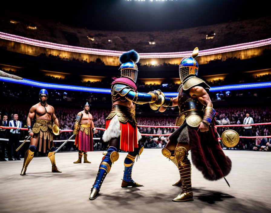 Ornate armored gladiators in modern arena with audience and referee