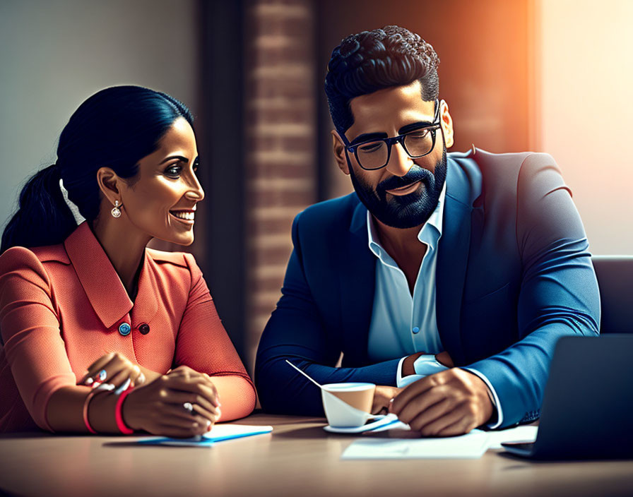 Professional individuals discussing beside laptop in warmly lit office setting