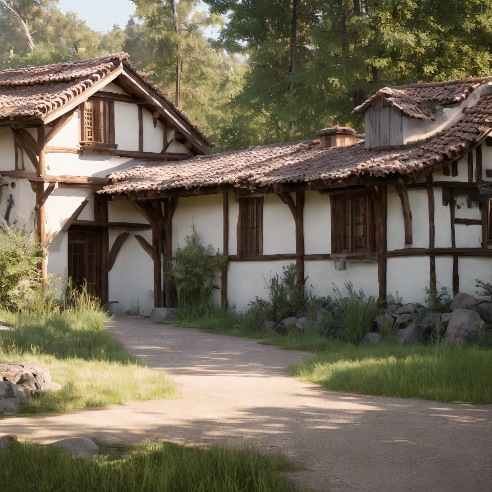 Scenic view of thatched-roof houses in wooded setting