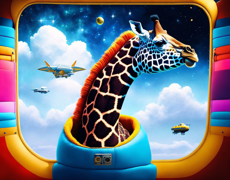 Giraffe head through colorful airplane window with vibrant sky