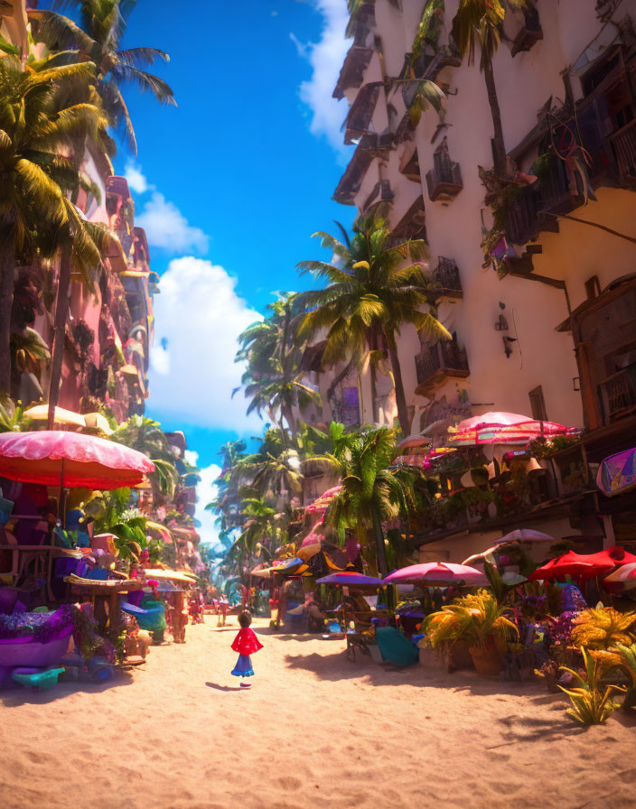 City street with tall buildings, palms, umbrellas, and child walking on sandy path