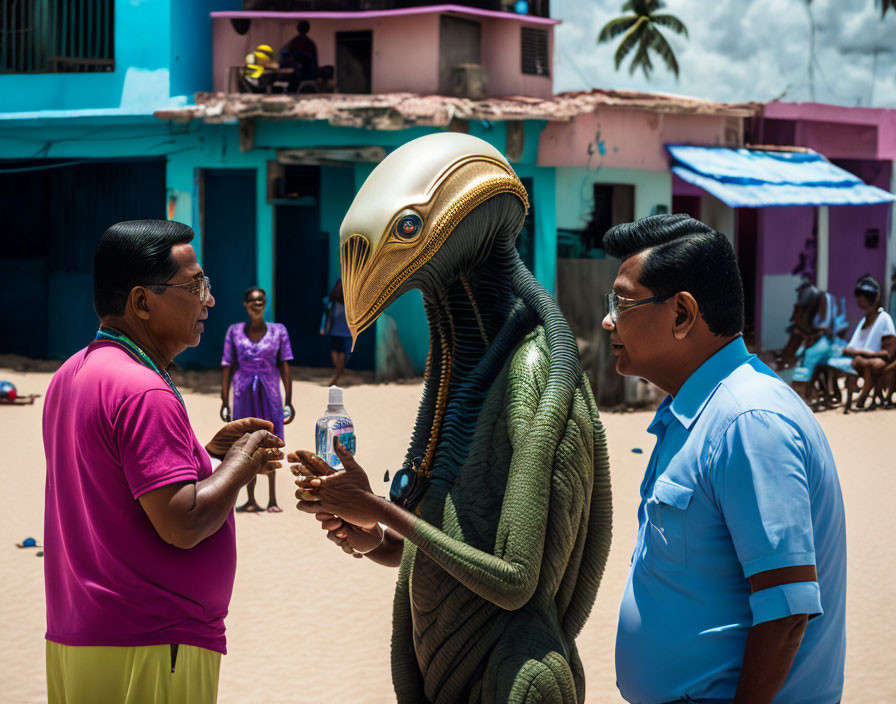 Men conversing with humanoid alien in costume on sandy street amid colorful buildings.