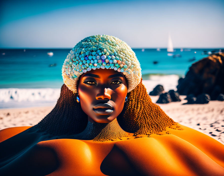 Portrait of woman in bejeweled cap with bold makeup on sunny beach