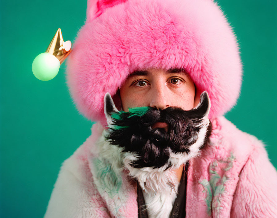 Person in Pink Furry Hat and Jacket with Black and White Mustache on Green Background