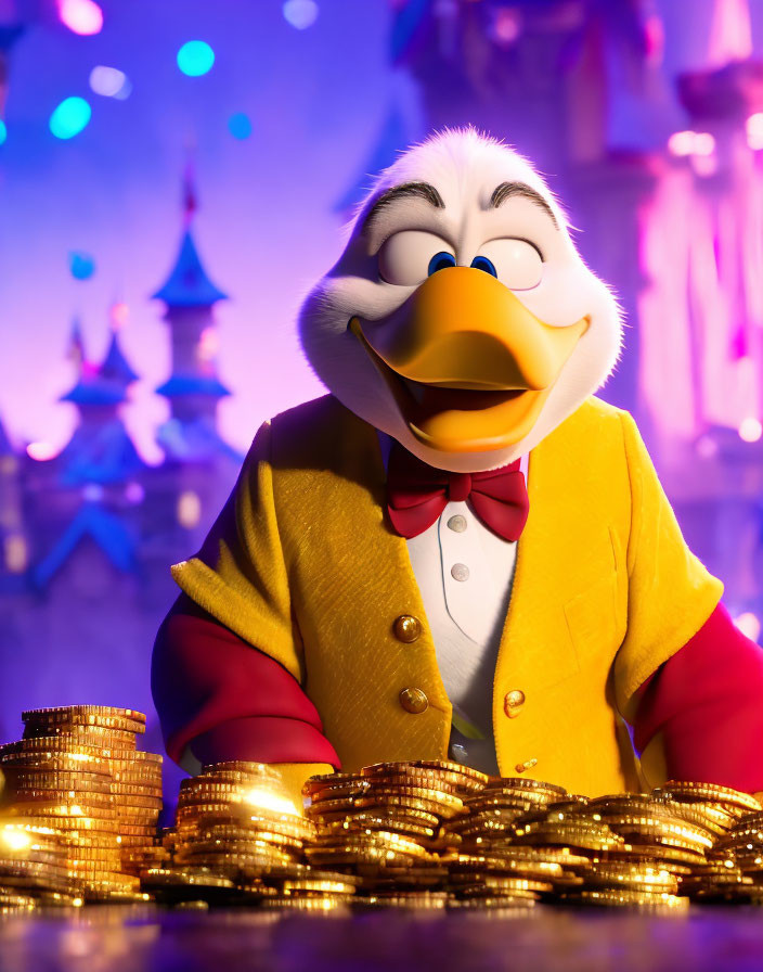 Duck-like animated character in yellow jacket and red bow tie surrounded by gold coins on colorful backdrop