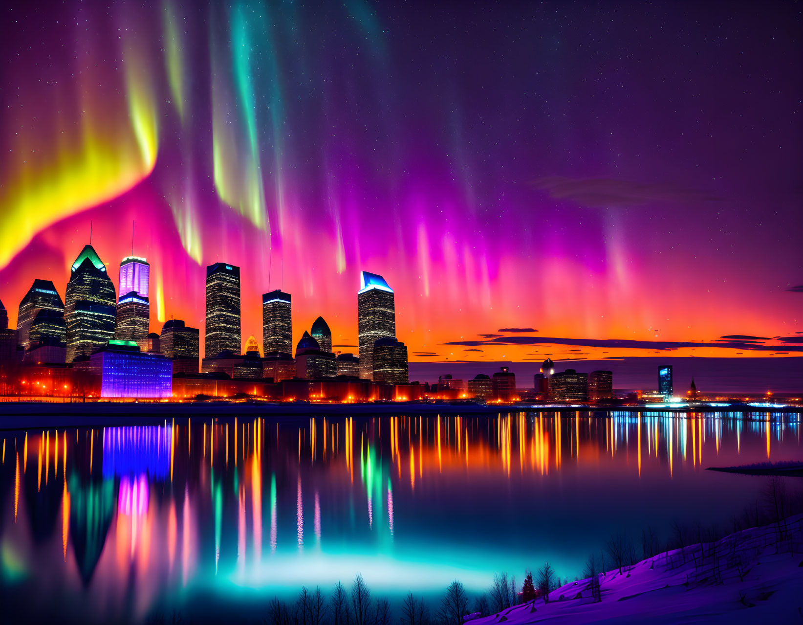 City skyline illuminated by vibrant aurora borealis at night