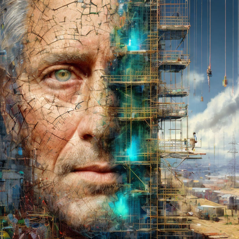 Composite image blending man's face with cracked textures and industrial scene.