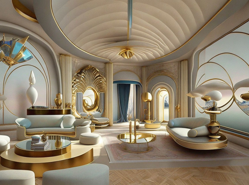 Opulent interior design with gold accents and art-deco style seating