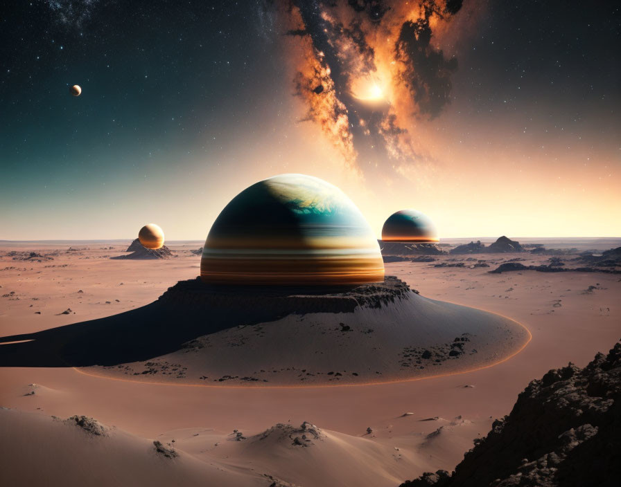 Surreal landscape with ringed planet over desert terrain