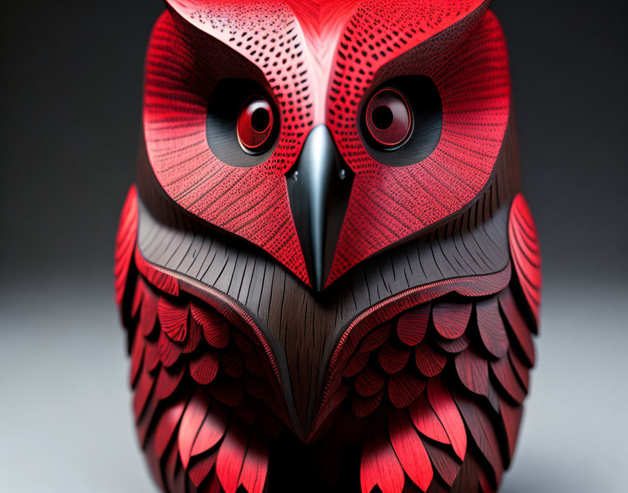 Detailed Red and Black Owl Sculpture with Intense Eyes and Feather Patterns