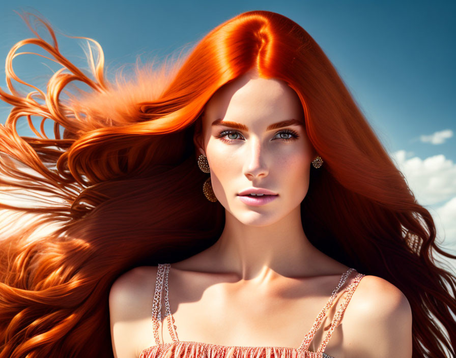 Red-haired woman in coral top with blue eyes and sparkling earrings against sky backdrop