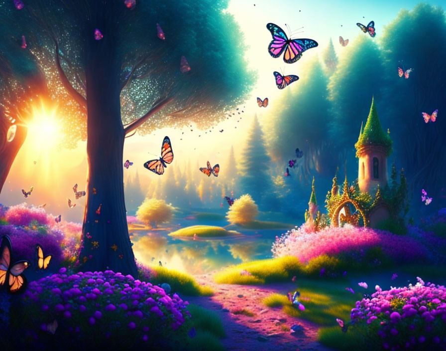 Enchanting forest scene with vibrant flowers, butterflies, castle, and tranquil pond