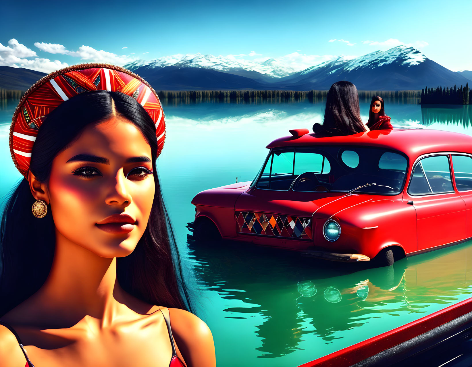 Traditional Attire Woman by Serene Lake with Vintage Car and Mountains