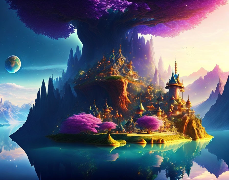 Vibrant floating island with elaborate towers in fantastical landscape