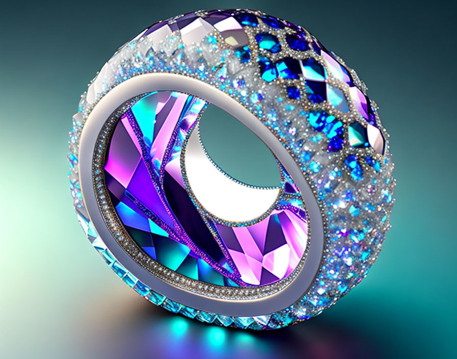 Luxurious iridescent crystal and diamond ring on silver band with gradient background.