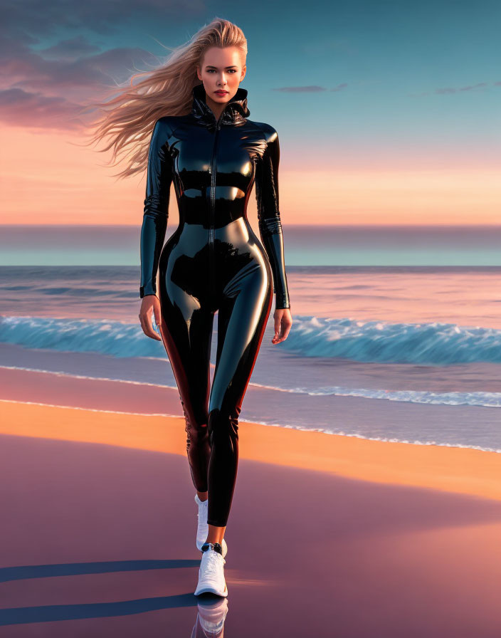 Windswept woman in black latex suit on beach at sunset