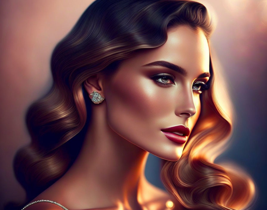 Glamorous woman with makeup, wavy hair, and sparkling earring in warm lighting