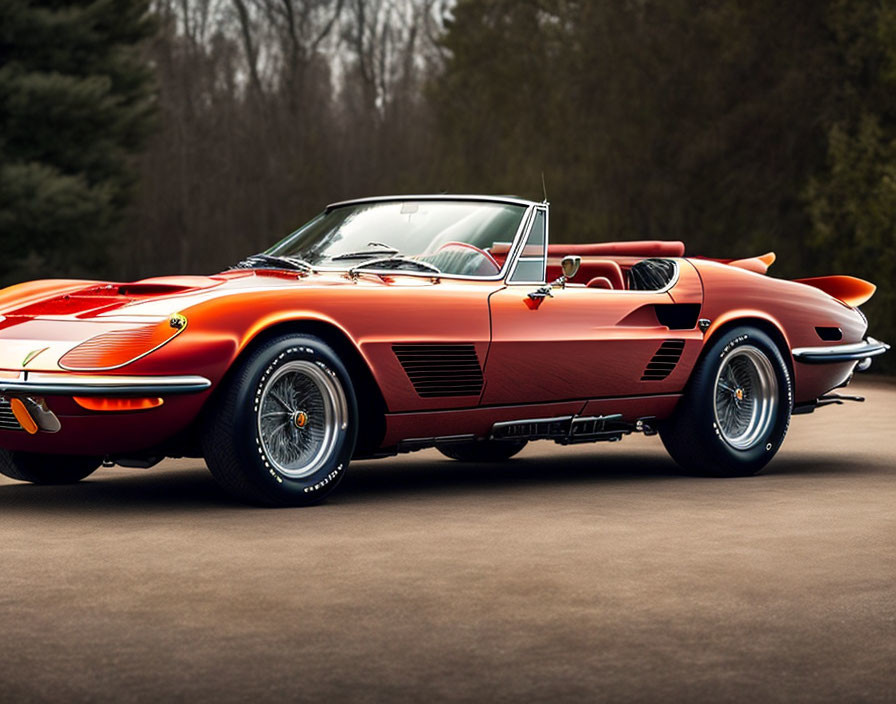 Classic Red Convertible Sports Car with Side Exhaust Parked on Paved Road