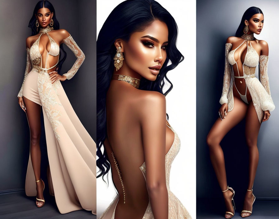 Dark-haired woman in elegant beige and gold outfit, showcasing three poses with high slit and glam makeup.