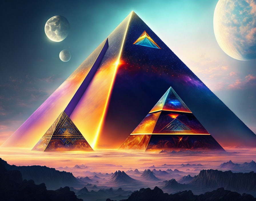 Surreal glowing pyramids with celestial bodies in cosmic landscape