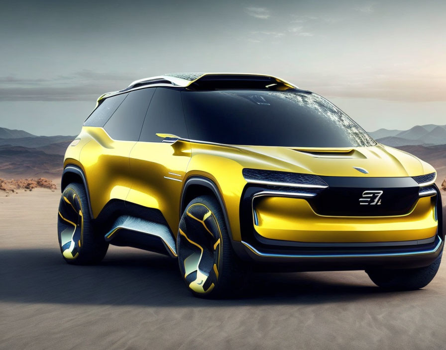 Yellow SUV with Black Accents on Desert Terrain & Hazy Sky