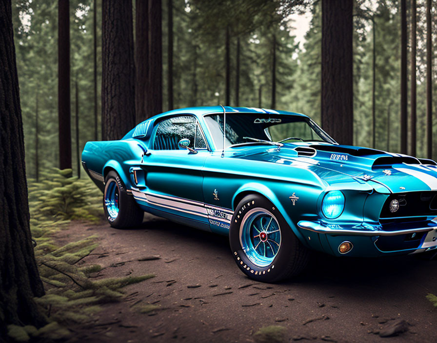 Blue Shelby Mustang GT500 in Forest with Pine Trees