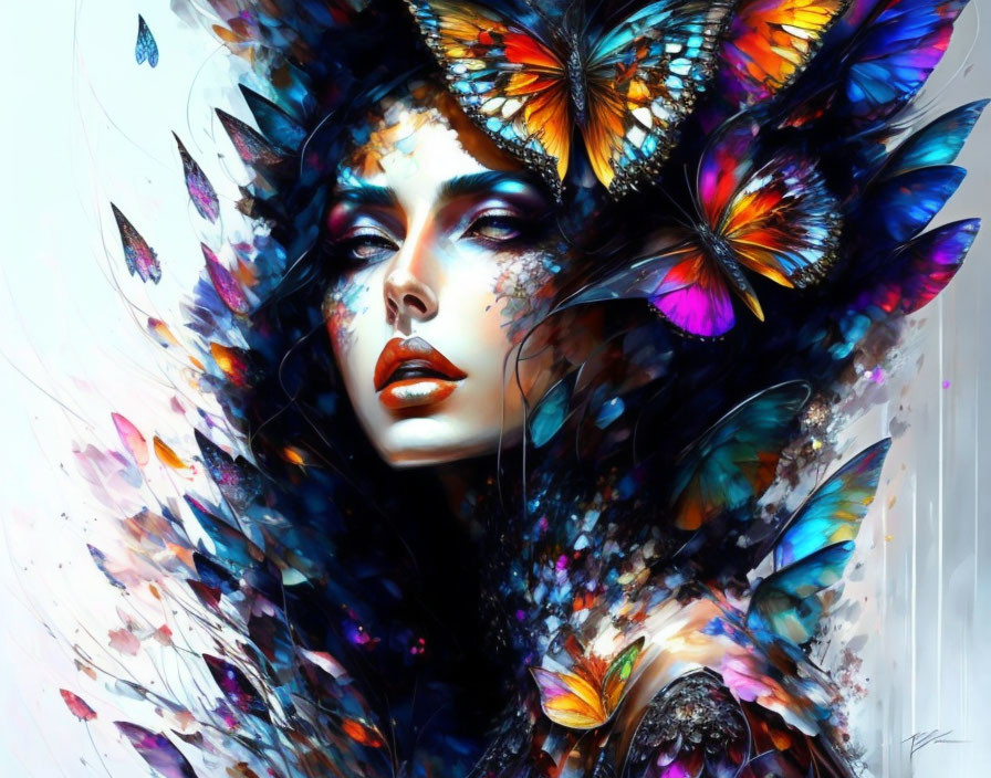 Vibrant woman portrait with butterflies and paint splashes