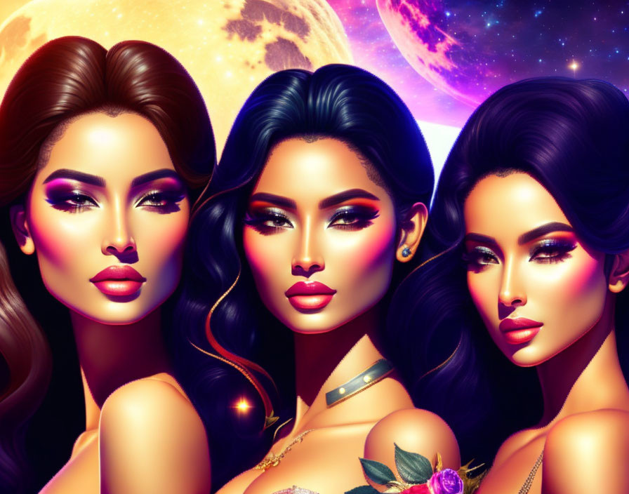 Three glamorous women with elaborate makeup against a cosmic backdrop.