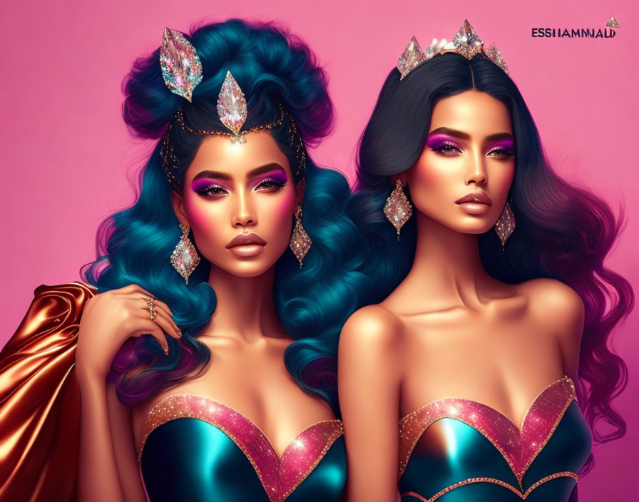 Stylized women with blue hair and crowns on pink background.