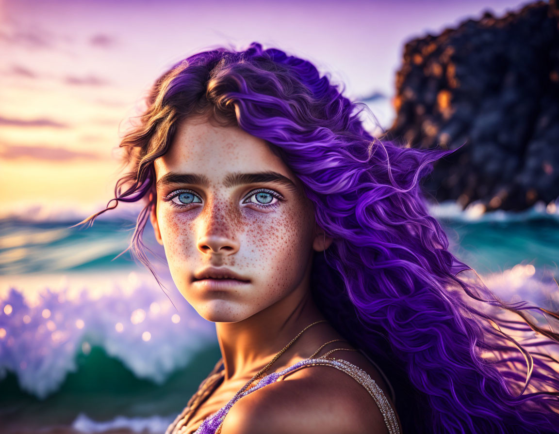 Young girl with blue eyes and purple hair on beach at sunset with waves and rocks.