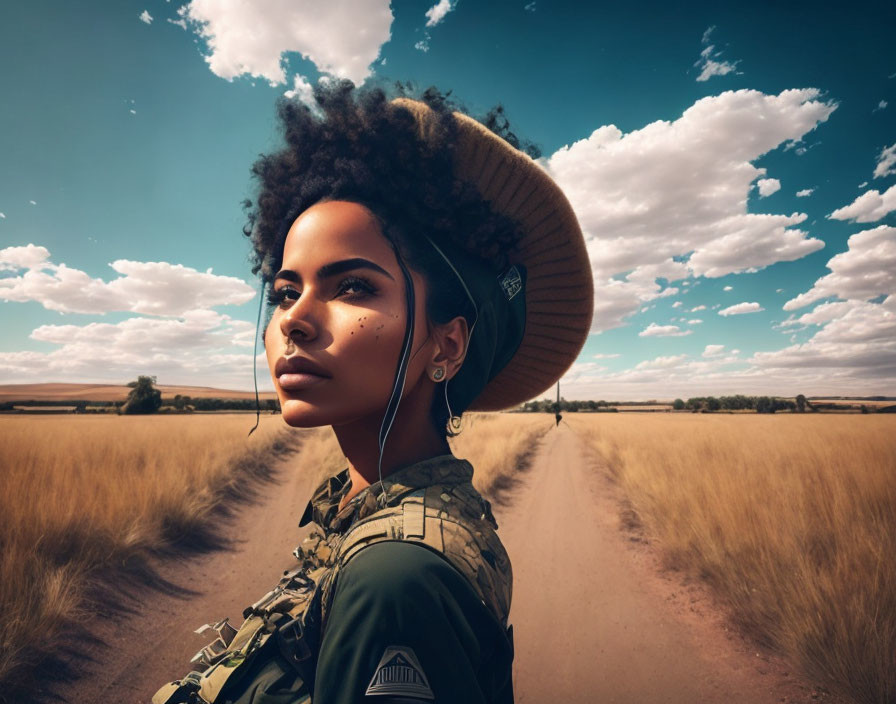 Person with curly hair in sunhat and backpack gazes in open field.