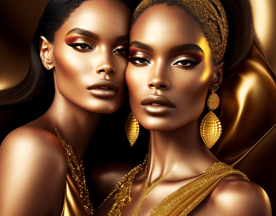 Two women with striking makeup and golden accessories on golden background.