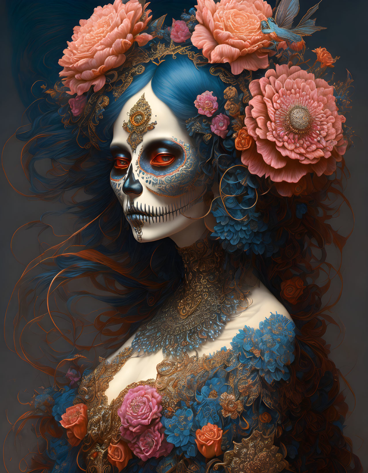 Portrait of Woman with Skull Makeup & Floral Hair Adornments