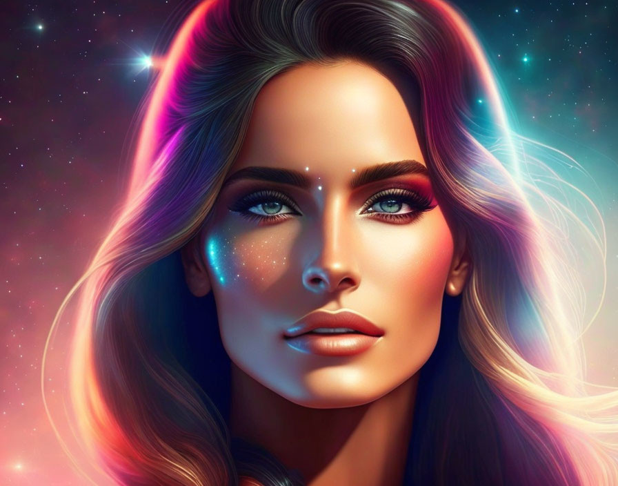 Vibrant multicolored lighting effects on woman's portrait