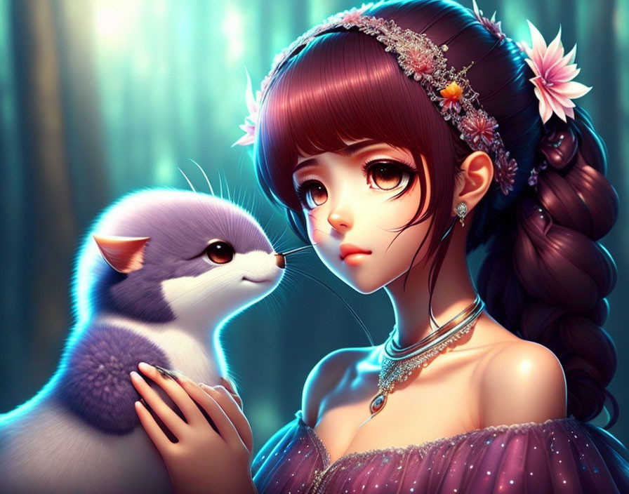 Animated girl with large eyes holding a fluffy cat in mystical forest